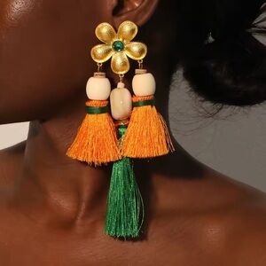 Large Orange and Green Floral Statement Tassel Earrings Long Chunky Big Summer
